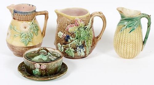 MAJOLICA BUTTER TUB AND TWO WATER PITCHERS 19TH.C.