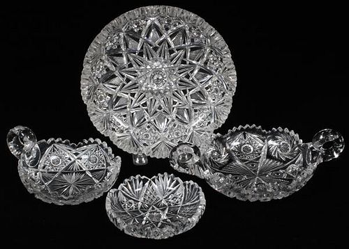 HAWKES CUT GLASS DISH & OTHER NAPPIES FOUR PIECES