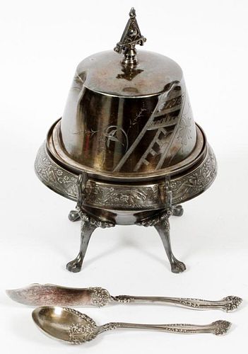 SILVERPLATE COVERED BUTTER DISH KNIFE AND SPOON