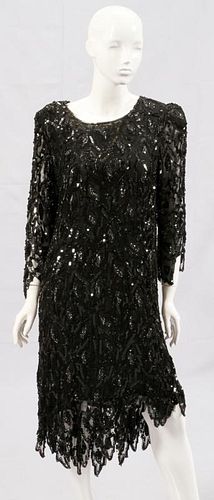 BLACK SILK SEQUIN AND BEADED DRESS