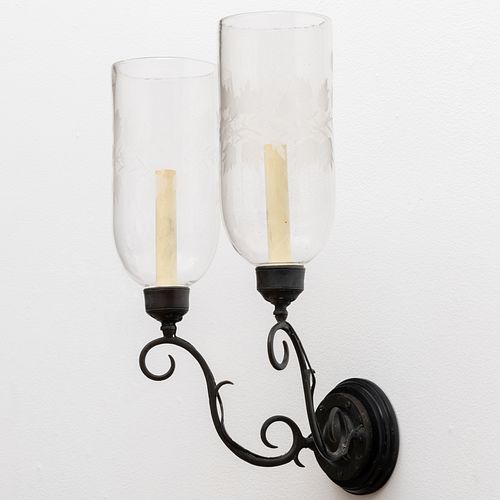 Pair of Two-Light and a Pair of Single Light Patinated-Metal and Green Glass Hurricane Sconces 