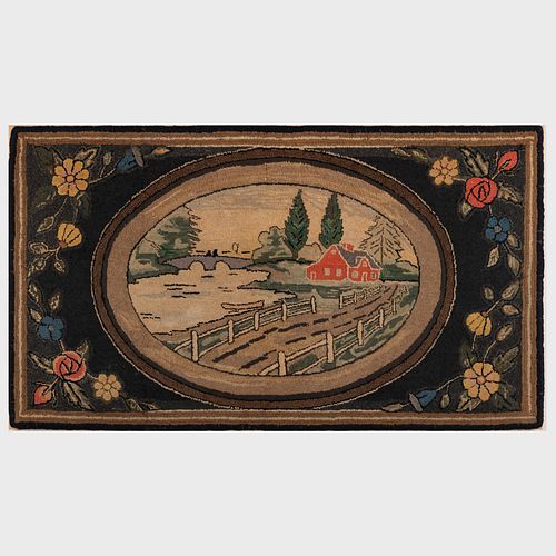 Hooked Rug with Landscape Scene and a Rug with a Pair of Bunnies