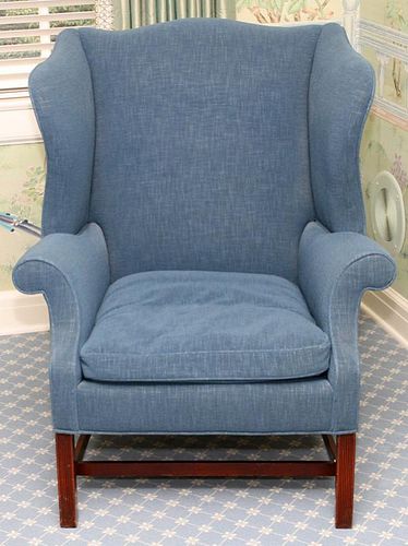 MODERN MAHOGANY BLUE UPHOLSTERED WINGBACK CHAIR