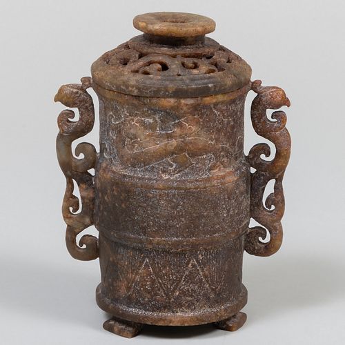 Chinese Carved Hardstone Archaistic Cylindrical Vessel and Cover