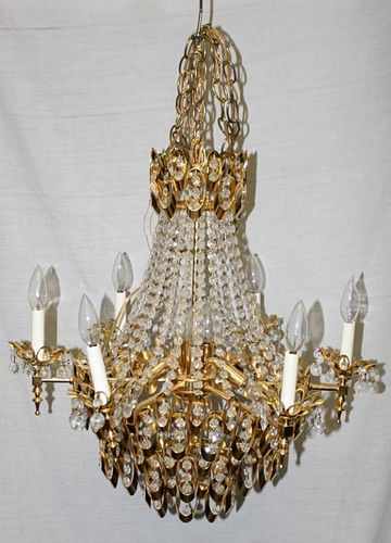 CRYSTAL AND BRASS SIX ARM CHANDELIER