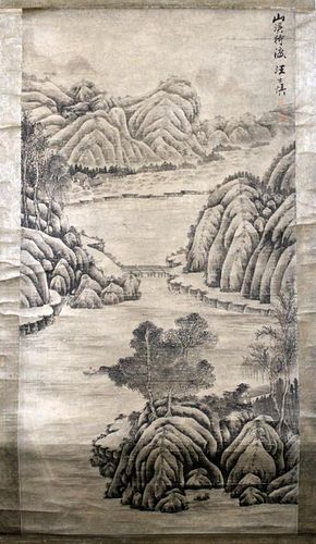 CHINESE SCROLL PAINTED ON SILK MOUNTAIN LANDSCAPE