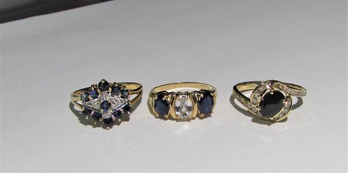 Three 14K gold genuine blue sapphire and diamond rings