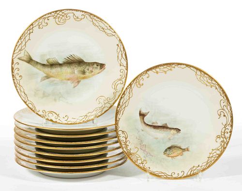 FRENCH LIMOGES HAND-PAINTED FISH MOTIF PORCELAIN PLATES, LOT OF TEN