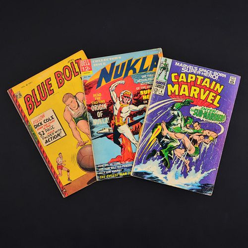 3 Vintage Comics, BLUE BOLT COMICS #89, NUKLA #1 & CAPTAIN MARVEL #4