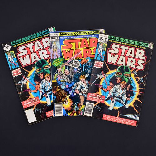 3 Marvel Comics, STAR WARS #1 (reprint/3rd printing/35 cent diamond reprint, blank UPC), STAR WARS #1 (30-cent reprint) & STAR WARS #2 (30-cent...)
