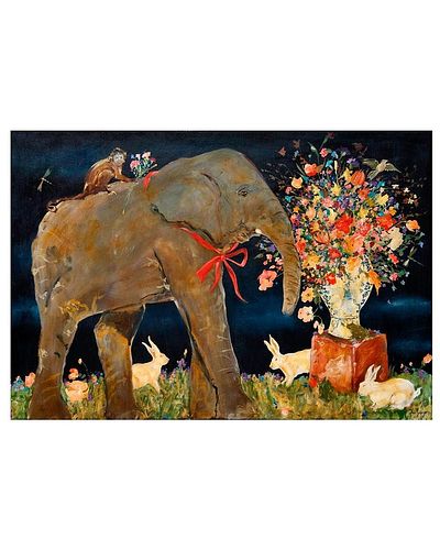 Elephant and Monkey with Flowers