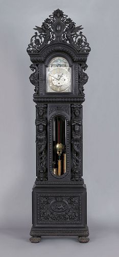Monumental Victorian carved oak tall case clock, a