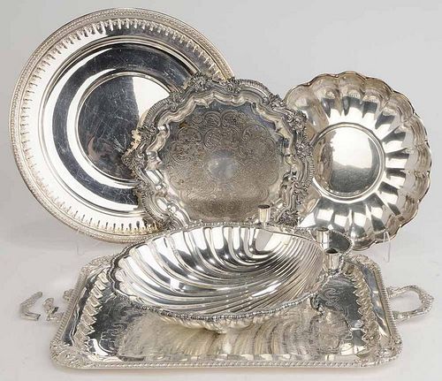 Five Silver-Plate Trays/Center Bowl
