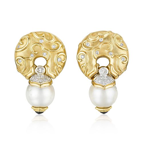 Cultured Pearl Onyx and Diamond Earrings