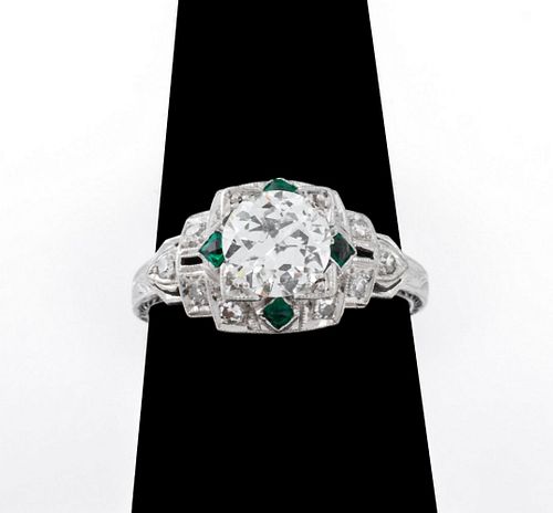 Art Deco Period Platinum Diamond & Emerald Ring