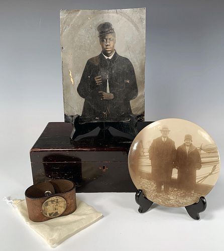 TINTYPE OF AFRICAN AMERICAN MAN IN UNIFORM, OLD PHOTOGRAPHS & WOODEN BOX
