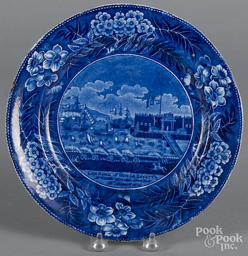 Historical blue Staffordshire plate depicting the Landing of General Lafayette, 10'' dia.