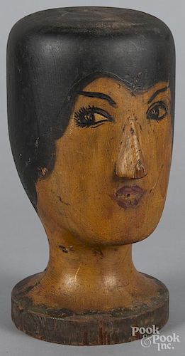 Carved and painted wig stand, early 20th c., 13'' h.