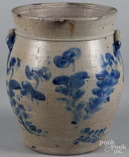 Stoneware crock, 19th c., with cobalt floral decoration, 13'' h.
