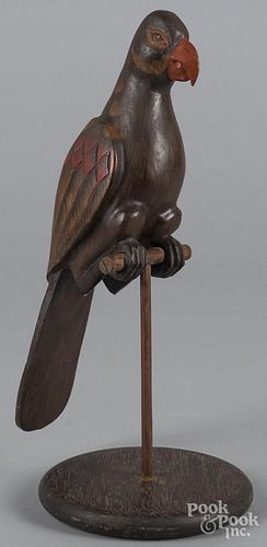 Contemporary carved parrot, 15 1/2'' h., and pull toy, 24'' l.