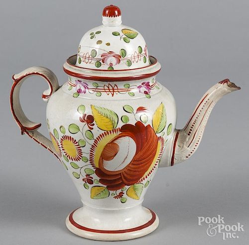 King's Rose pearlware coffee pot, 19th c., 11'' h.