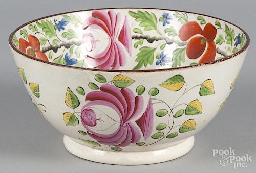 Pearlware rose pattern bowl, 19th c., with interior chinoiserie decoration, 4 1/2'' h., 9 5/8'' dia.