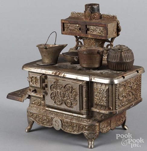 J. & E. Stevens nickel-plated cast iron Rival toy stove, 14 1/2'' h.