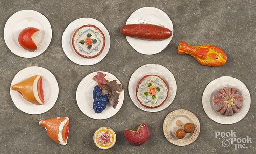 Miniature composition food store display goods, several mounted to paper plates, lobster - 2 1/4'' l.