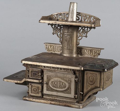 Michigan Stove Co. cast iron nickel-plated toy Mill Range stove, 16'' h.