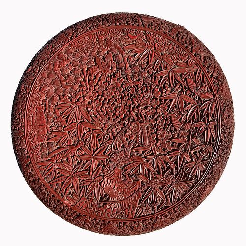 Antique Chinese Cinnabar Lacquer Round Box/Cover