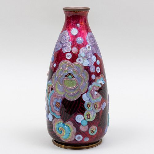 Camille Faure for Limoges Enameled Copper Vase