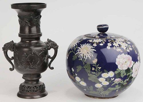 Cloisonne Jar and Japanese Bronze Vase