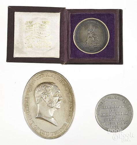 1876 U.S. Centennial medal, silvered bronze with its original box, by Barber, 1 1/2'' dia.