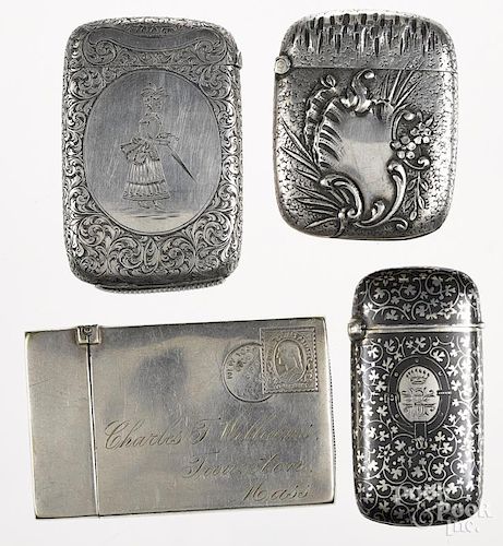 Four match vesta safes, one silver-plated of a figural envelope, 2 1/4'' h., one with a shield