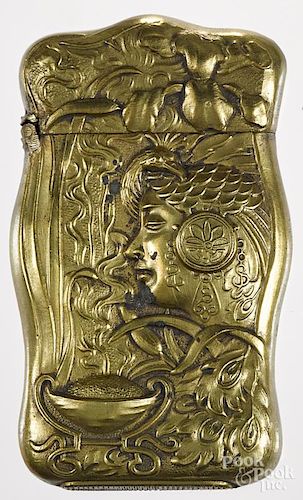Embossed brass Washington D.C. souvenir match vesta safe, the front side with an elaborate Egyptian