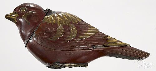 Japanese mixed metal figural bird match vesta safe, 3 1/4'' l.