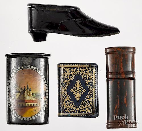 Four miscellaneous match vesta safes, to include a leather book-form example