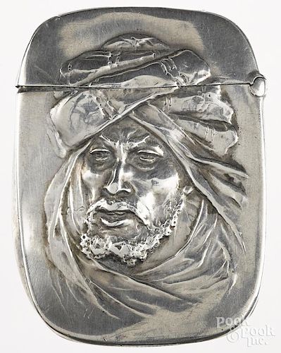Sterling silver match vesta safe depicting an Arab chief, 2 1/4'' h.