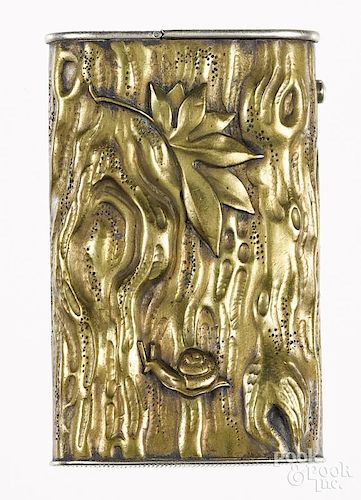 Japanese mixed metal tree trunk match vesta safe with snails and a leaf, 2 1/8'' h.