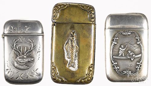 Two sterling sporting match vesta safes, to include one with an embossed fishing scene