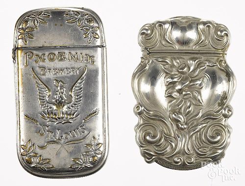 Two silver-plated match vesta safes, to include one advertising, embossed Phoenix Brewery St. Louis