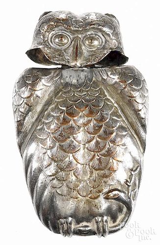Silver-plated figural owl match vesta safe, 2 3/4'' h.