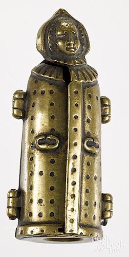 Figural bronze iron maiden cigar cutter, 2'' h.
