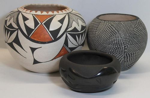 2 Acoma Pottery Vases, and 1 Santa Clara Vase.