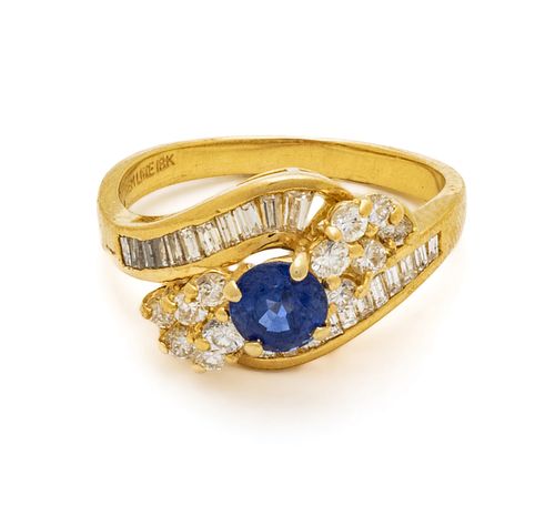 Round Cut Blue Sapphire, Diamond & 18kt Yellow Gold Ring, 6g Size: 7.5