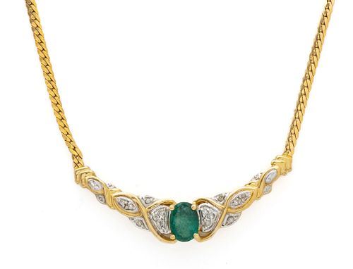 Emerald, Diamond & 14kt Italian Yellow Gold Necklace, L 16" 8g