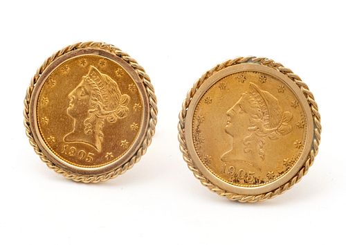 Gold 1905 US $10. Liberty Head Coin Cufflinks, 14K Gold Mounts 48g 1 Pair