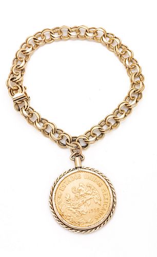 1959 Mexican Veinte Pesos Gold Coin Charm, 14kt Gold Bracelet, L 8" 33g