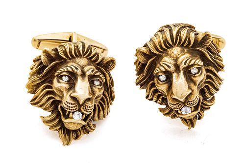 14K Gold Lion Head And Diamond Accents Cufflinks 21.7g