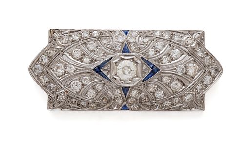 Art Deco Diamond And Sapphire Brooch, Ca. 1930, W 2" 11g